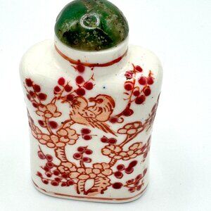 Antique Snuff Bottle Hand-Painted Ceramic With Jade Stopper & Floral Bird Design